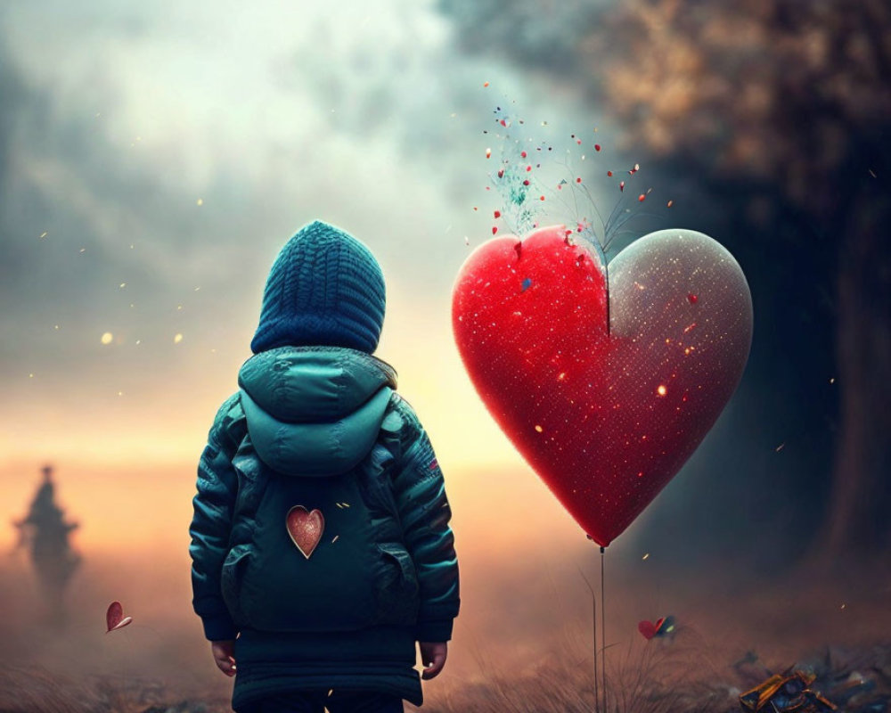 Child in Green Jacket with Heart Balloon in Autumn Scene