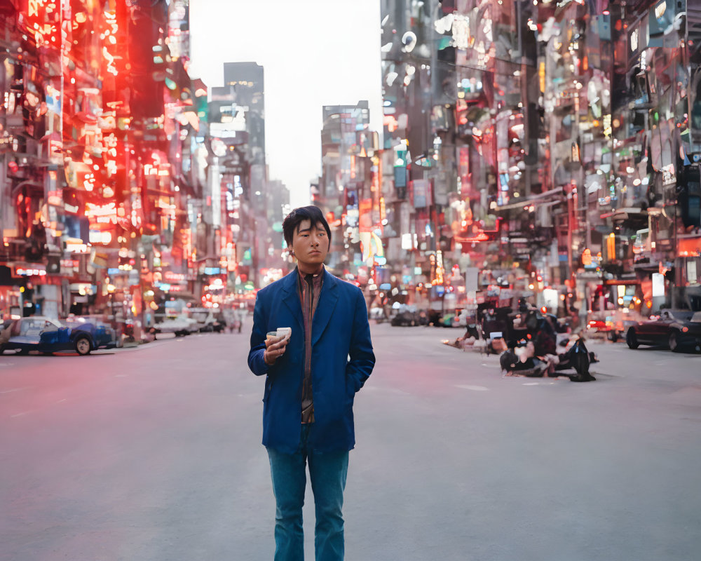 Man in City Street at Twilight Surrounded by Neon Signs and Ads Holding Smartphone