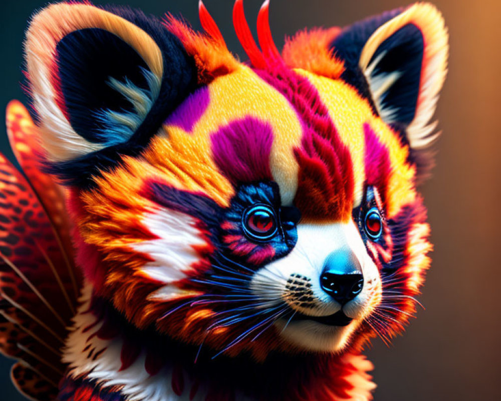 Colorful digital artwork of a fantastical creature with red panda and butterfly features
