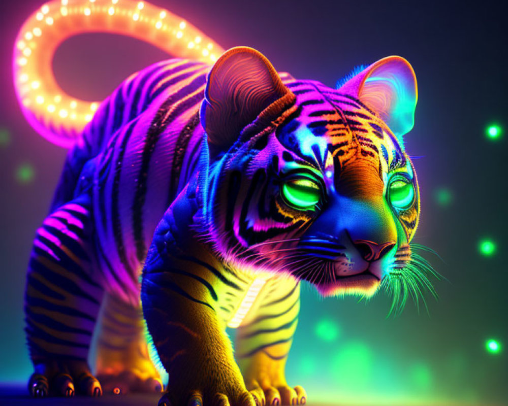 Neon-colored tiger illustration in mystical setting