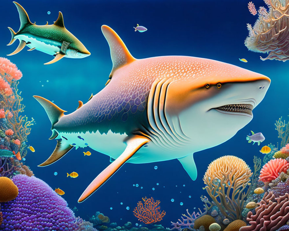 Colorful underwater scene with shark, fishes, and coral reef.