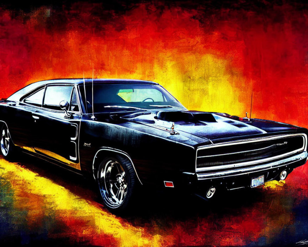 Stylized black classic muscle car on vibrant multicolored background
