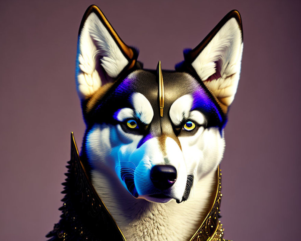 Fantasy husky digital art with blue eyes and armor helmet on purple background