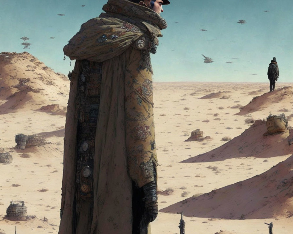 Figure in decorated cloak gazes across vast desert with distant figures and ships.