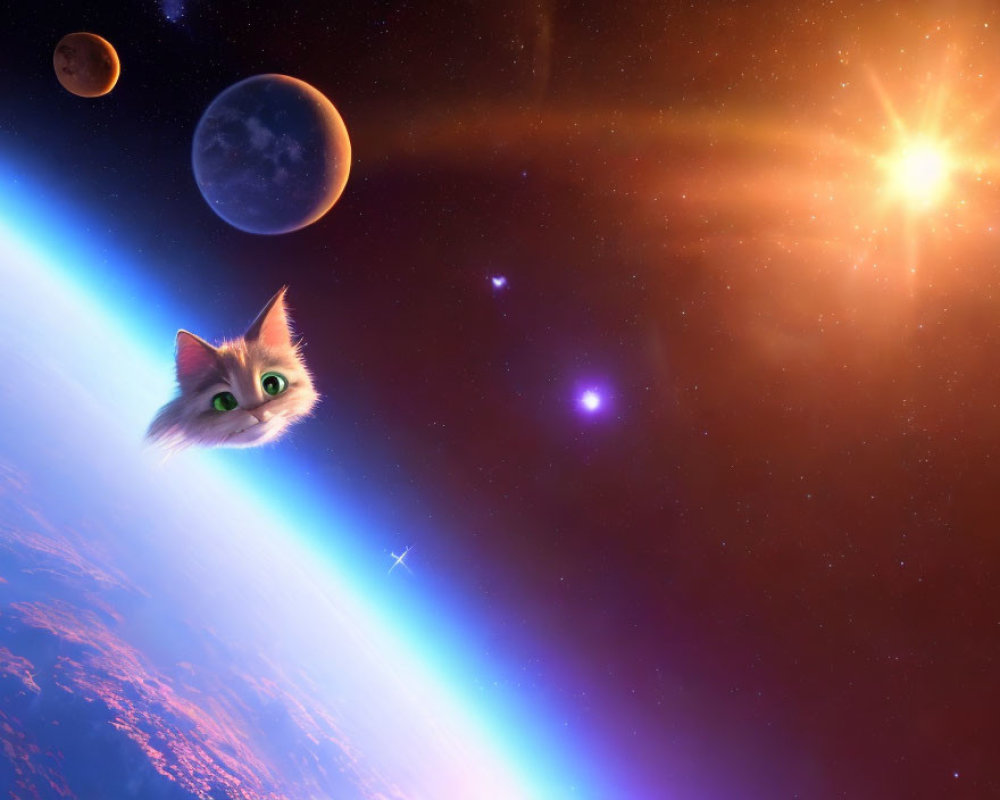 Surreal cat's face in Earth's atmosphere with space backdrop