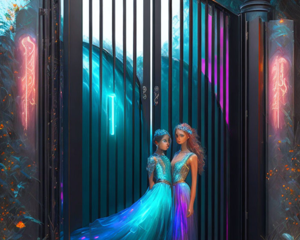 Two Women in Futuristic Dresses by Ornate Gate in Twilight Ambiance