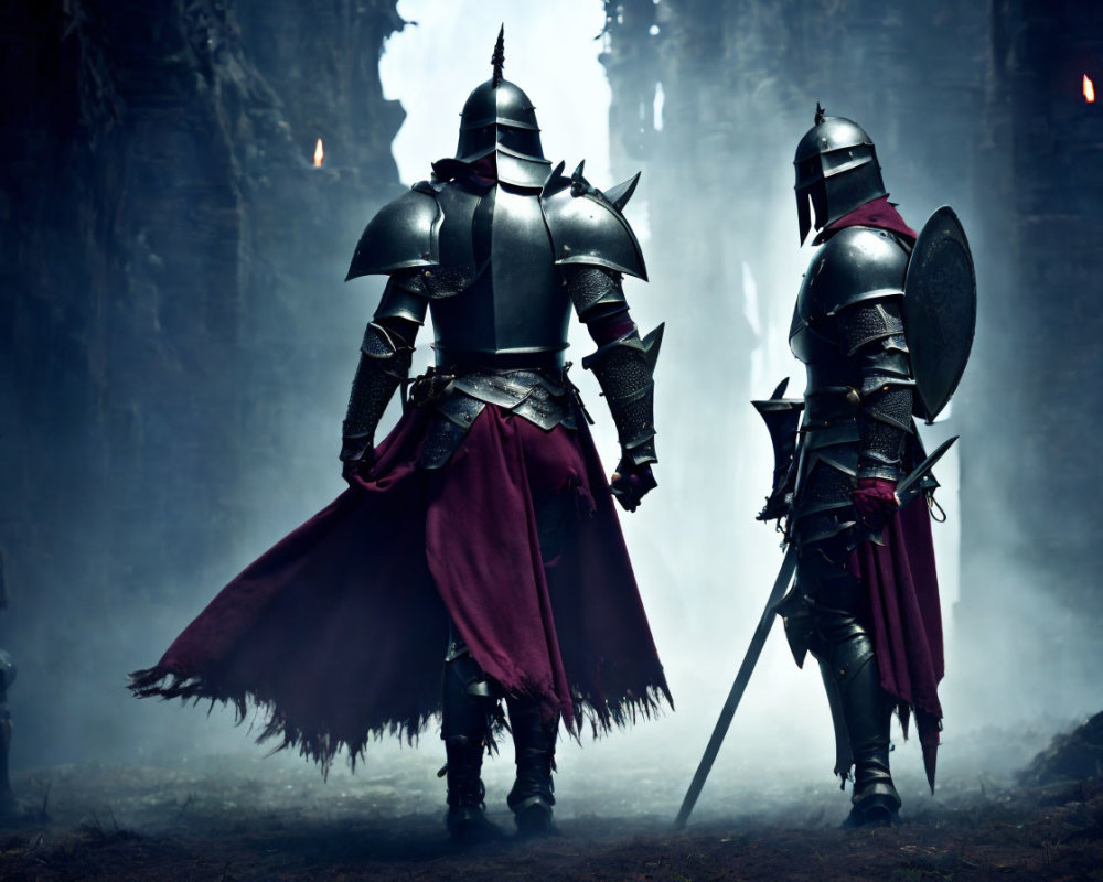 Two knights in full armor with sword and shield in misty cavern with torchlight