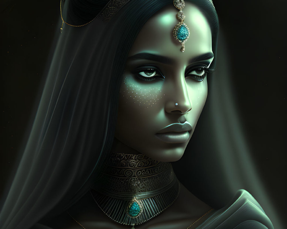 Regal woman with green skin and golden crown in intense illustration