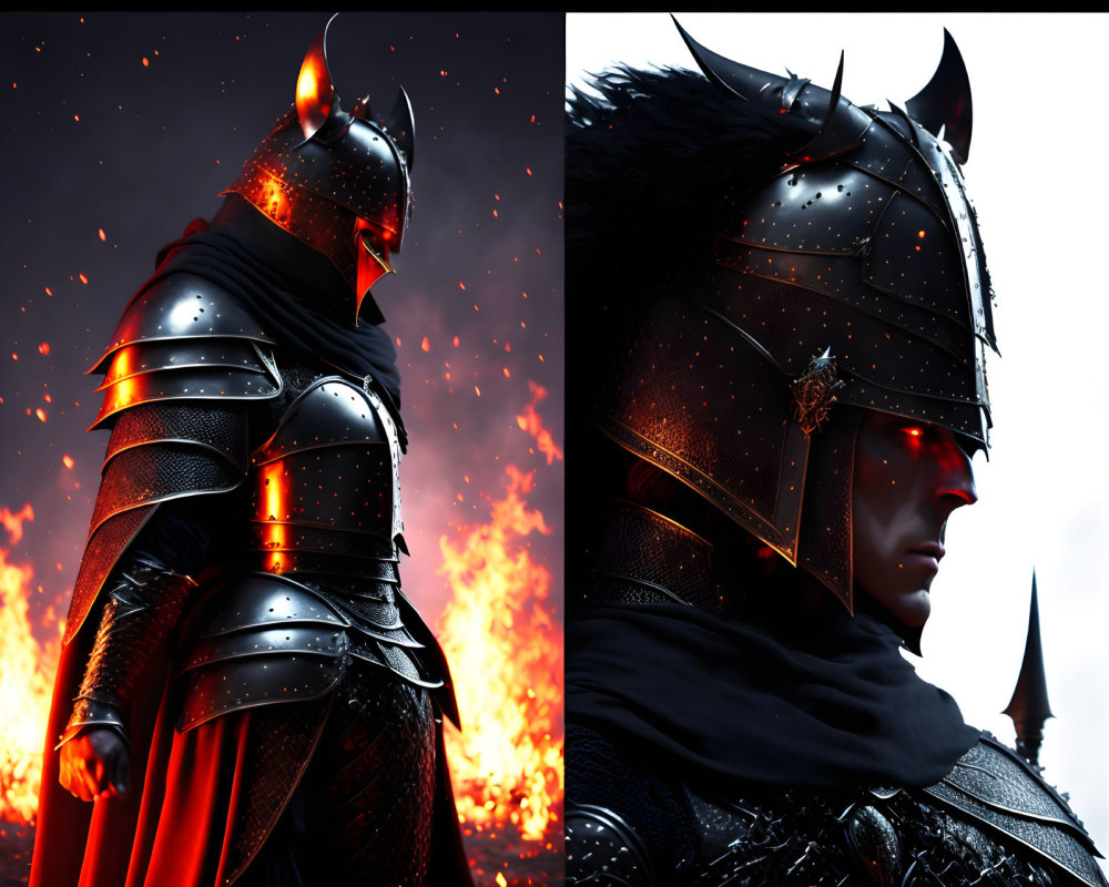 Knight in Black Armor with Intricate Details Against Fiery Background