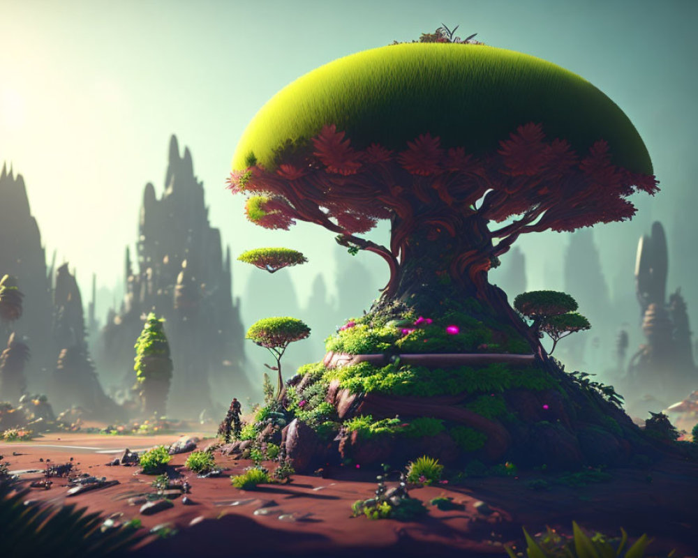 Fantasy tree with vibrant greenery and pink flowers in alien landscape