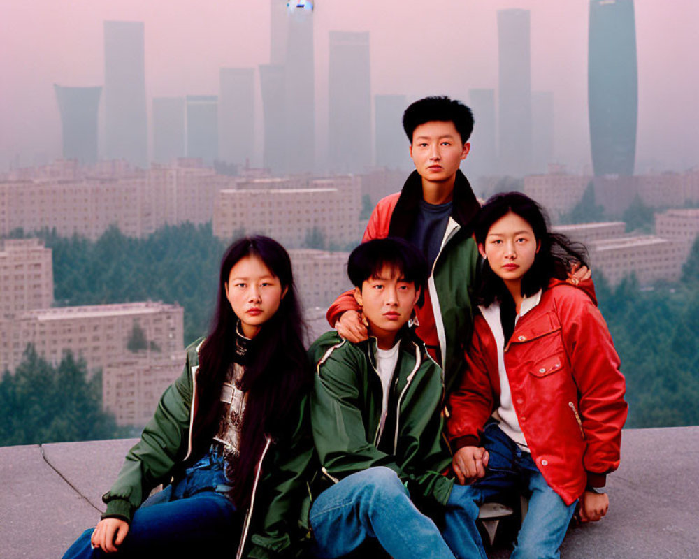 Four young individuals posing in front of a hazy city skyline at twilight