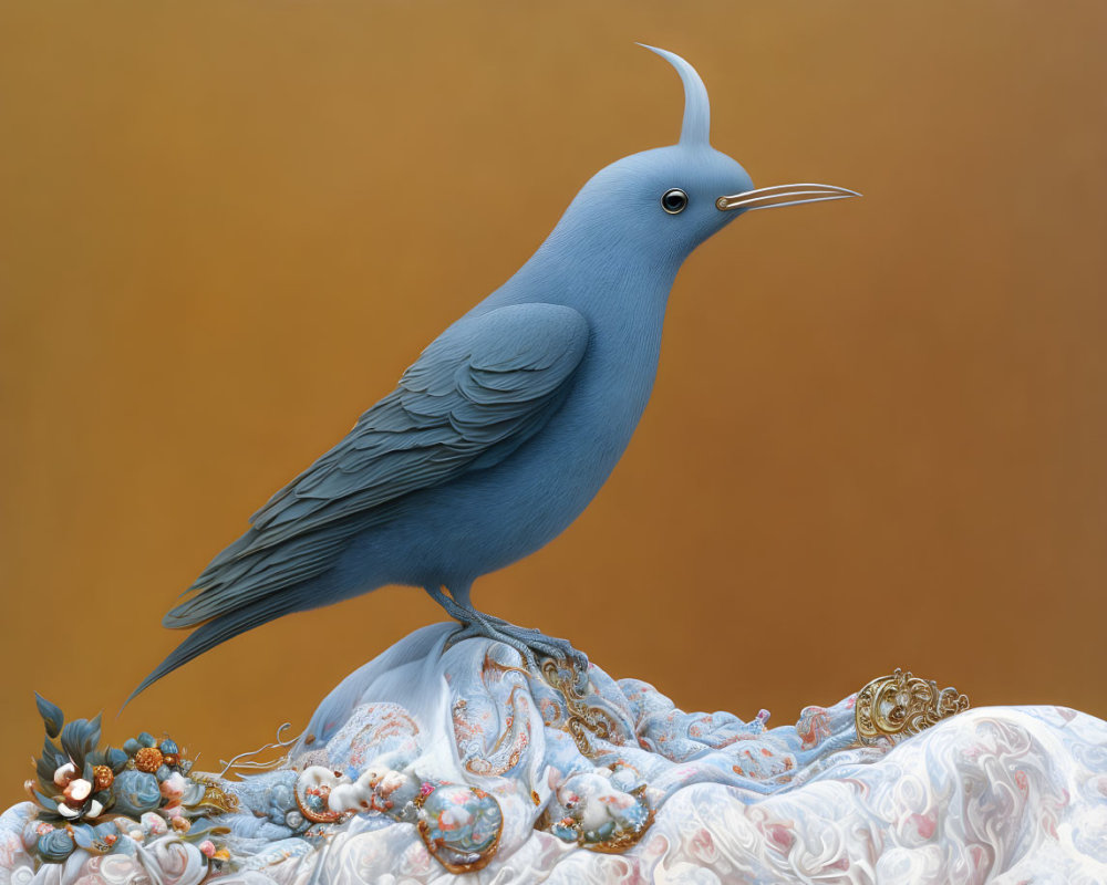 Blue Bird with Long Beak Perched on Floral Fabric