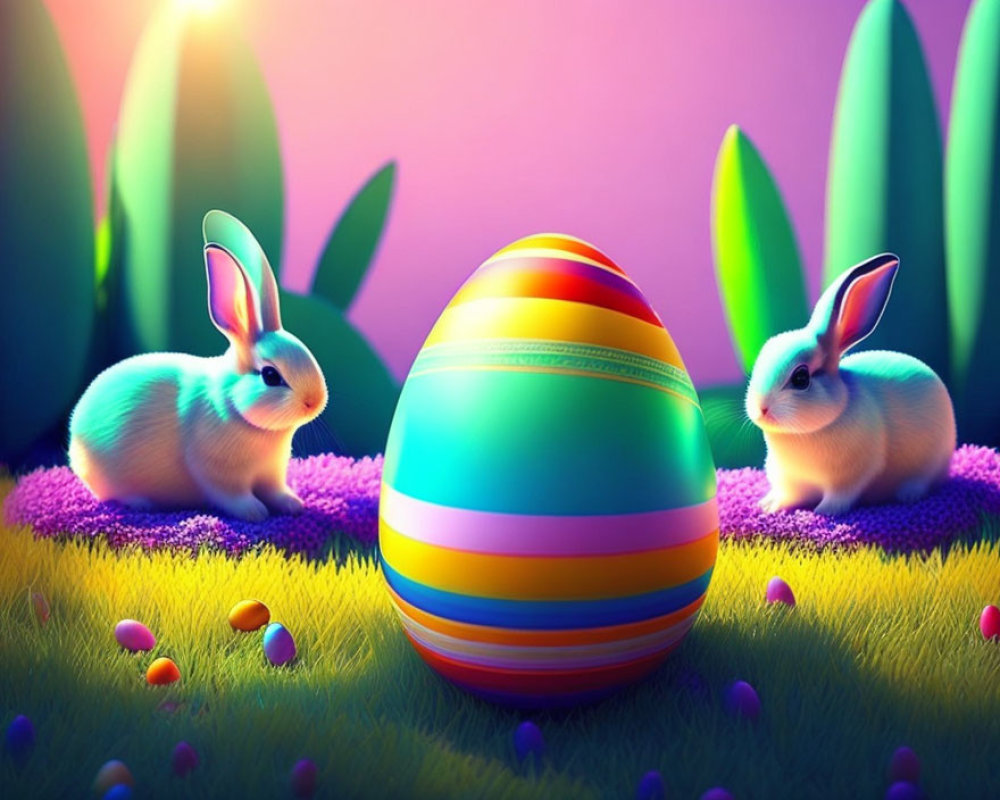 Rabbits with Easter egg in colorful fantasy landscape at twilight