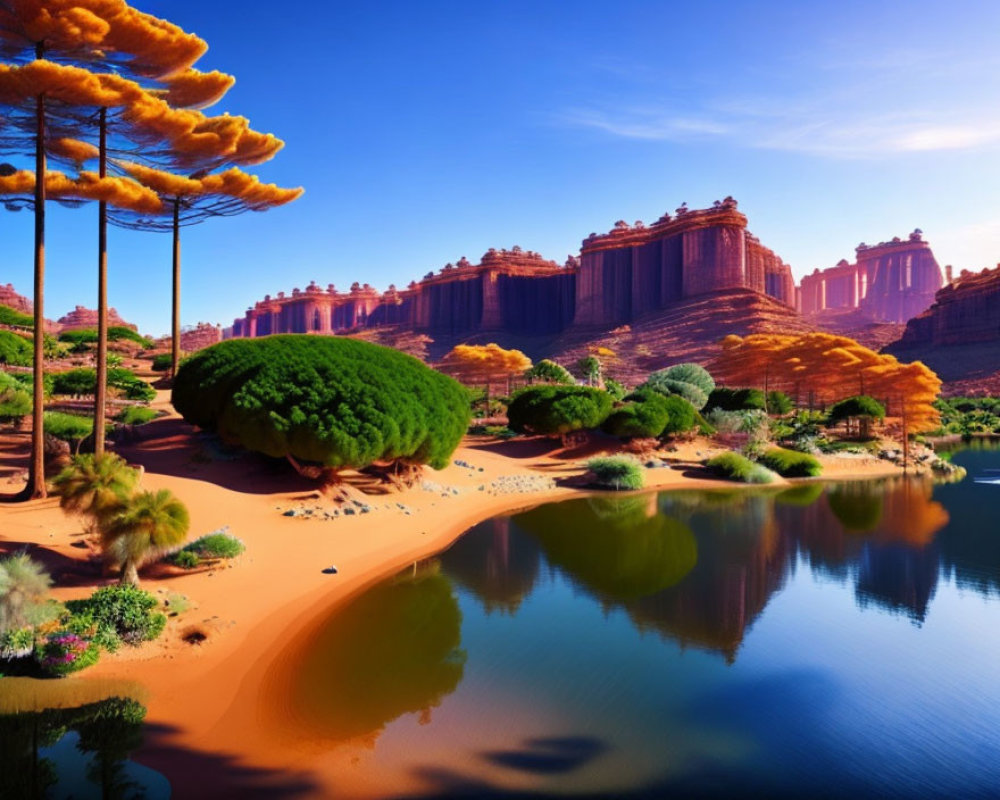 Picturesque desert oasis with greenery, red rocks, sand dunes, and blue pond