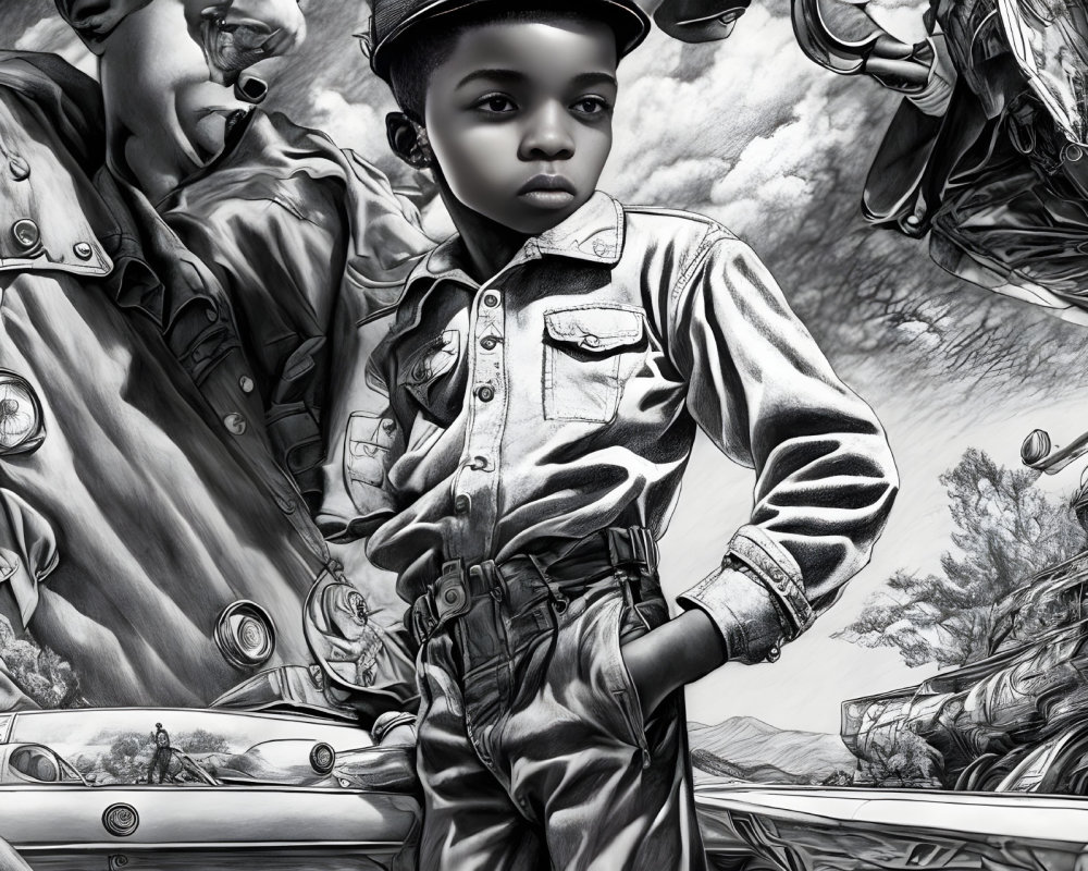 Monochrome illustration of confident boy in denim amid motorcycles