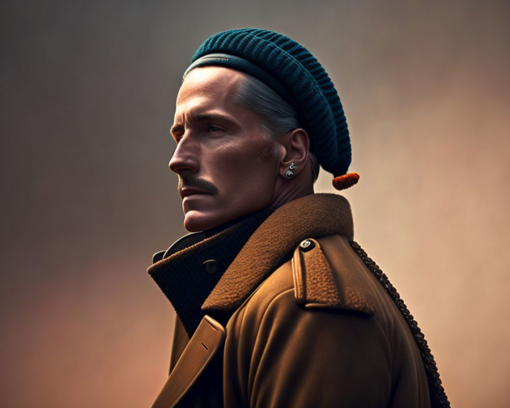 Stylish man with trimmed mustache in teal beanie and brown coat