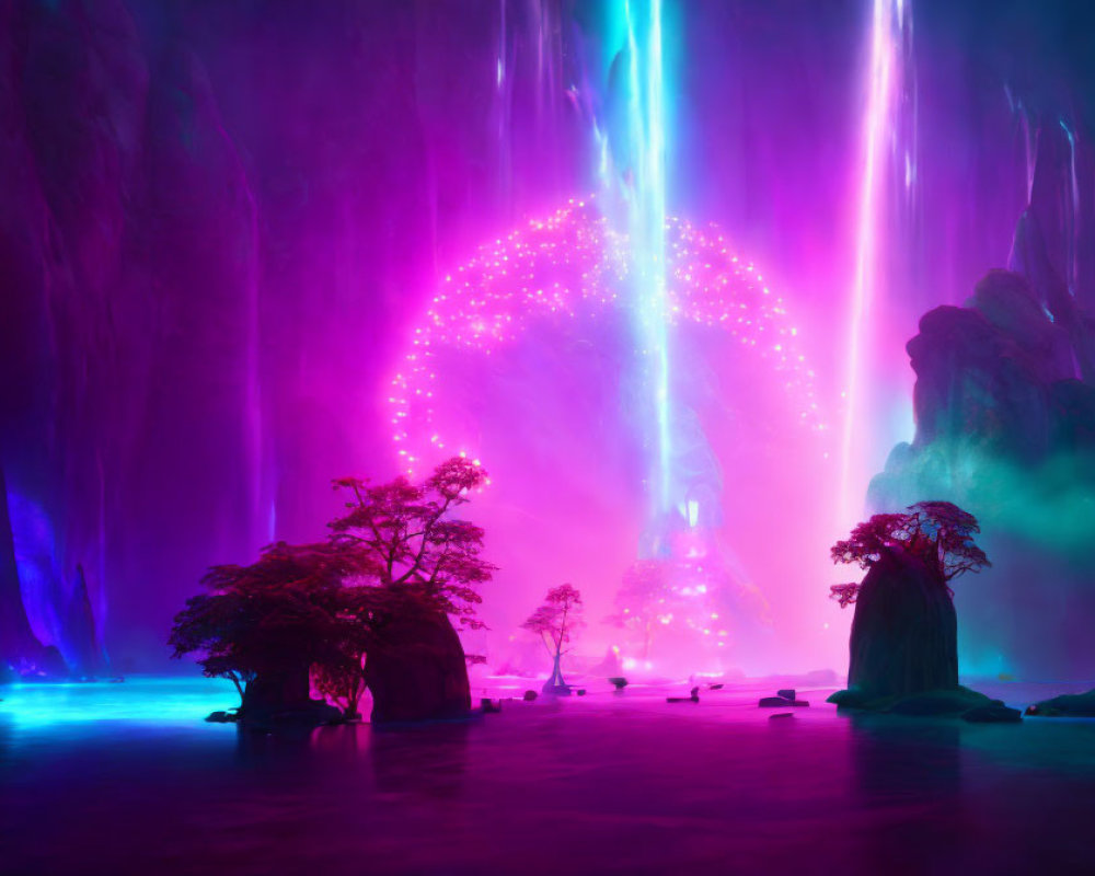 Neon-Lit Cave with Glowing Pink Tree in Water Scene