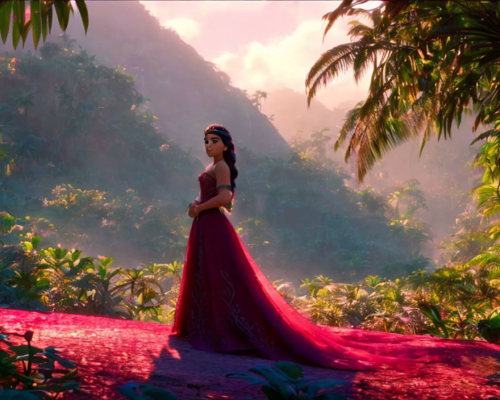 Character in red dress in lush jungle at sunset