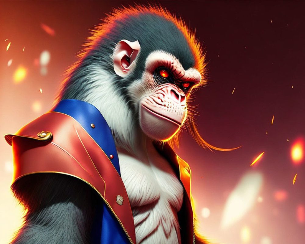 Stern Baboon Character in Red and Blue Jacket Artwork