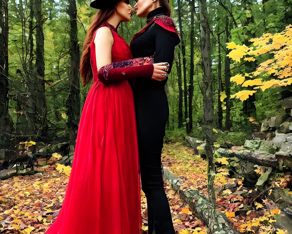 Couple Embracing in Forest: Woman in Red Dress, Man in Black