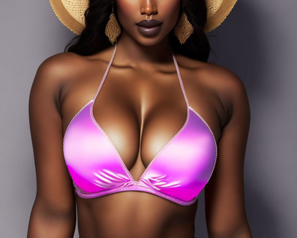 Woman in Pink Bikini and Straw Hat Poses with Confidence