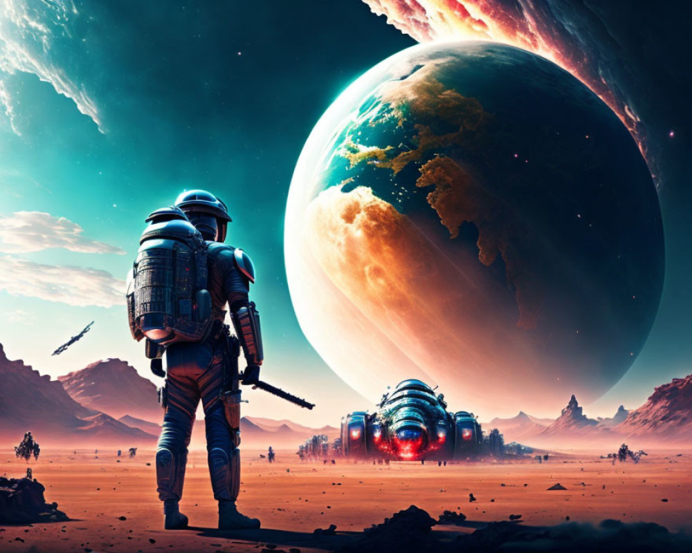 Astronaut on barren alien landscape with Earth-like planet, futuristic base, and ships.