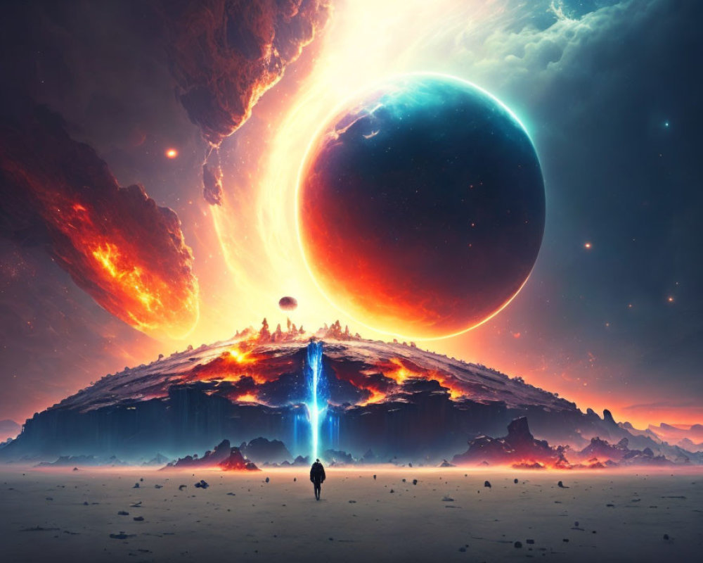 Figure Contemplating Giant Planet and Moon on Barren Landscape