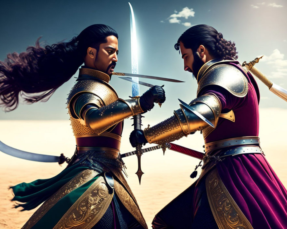 Animated warriors in ornate armor duel in desert setting