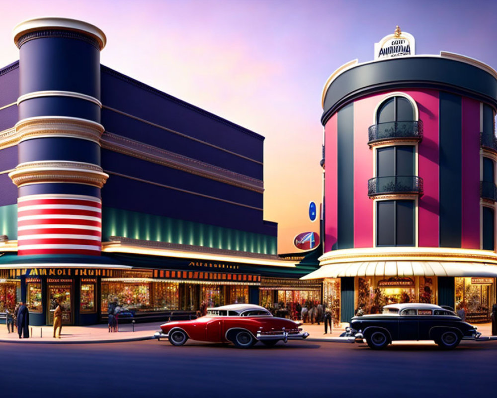 Art Deco cinema, vintage cars, and lively street corner scene