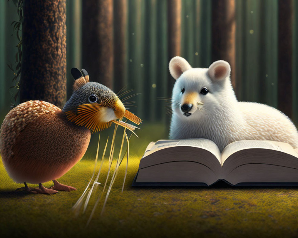 Illustration of bird and mouse with open book in serene forest