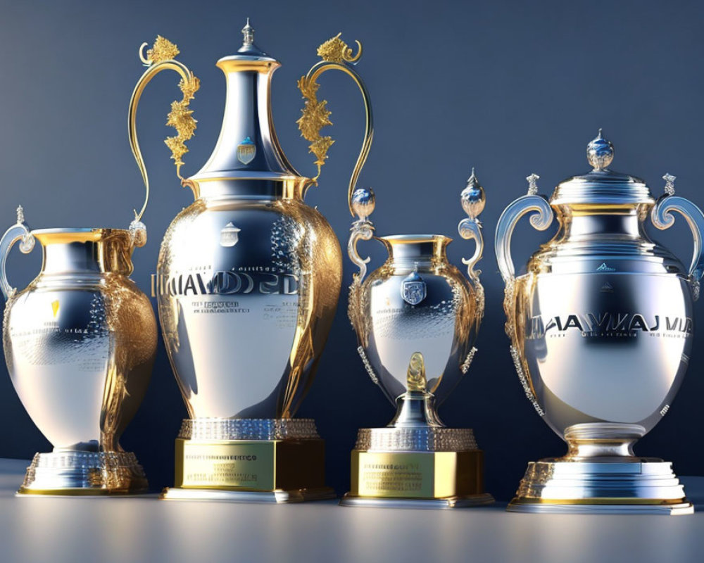 Shiny ornate trophies with intricate details on blue background