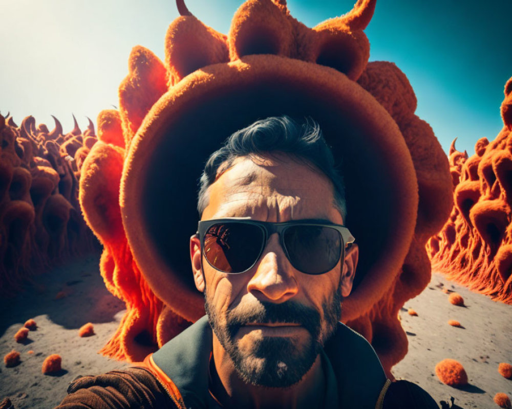 Man takes selfie with large orange spiral shell-like structures against clear blue sky