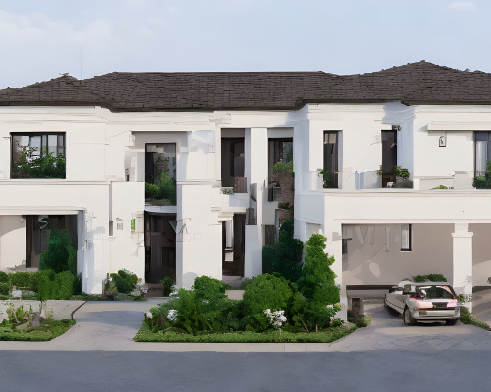 Two-story white villa with balcony, large windows, landscaped garden, and covered driveway.