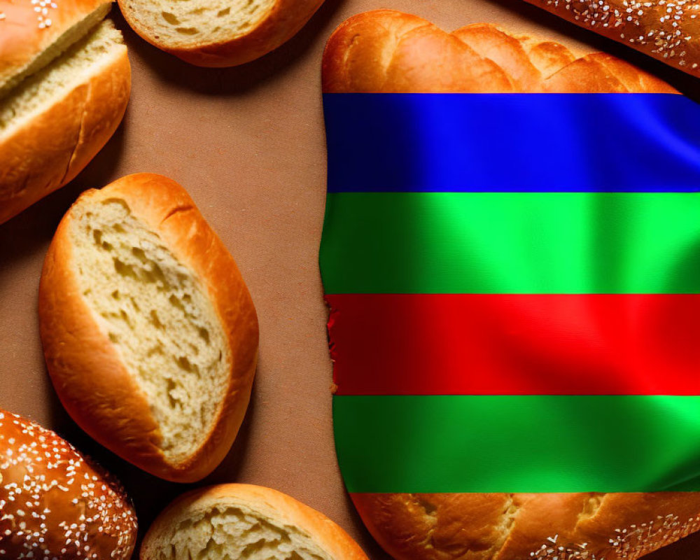 Various bread types with RGB color model stripes blending into secondary colors