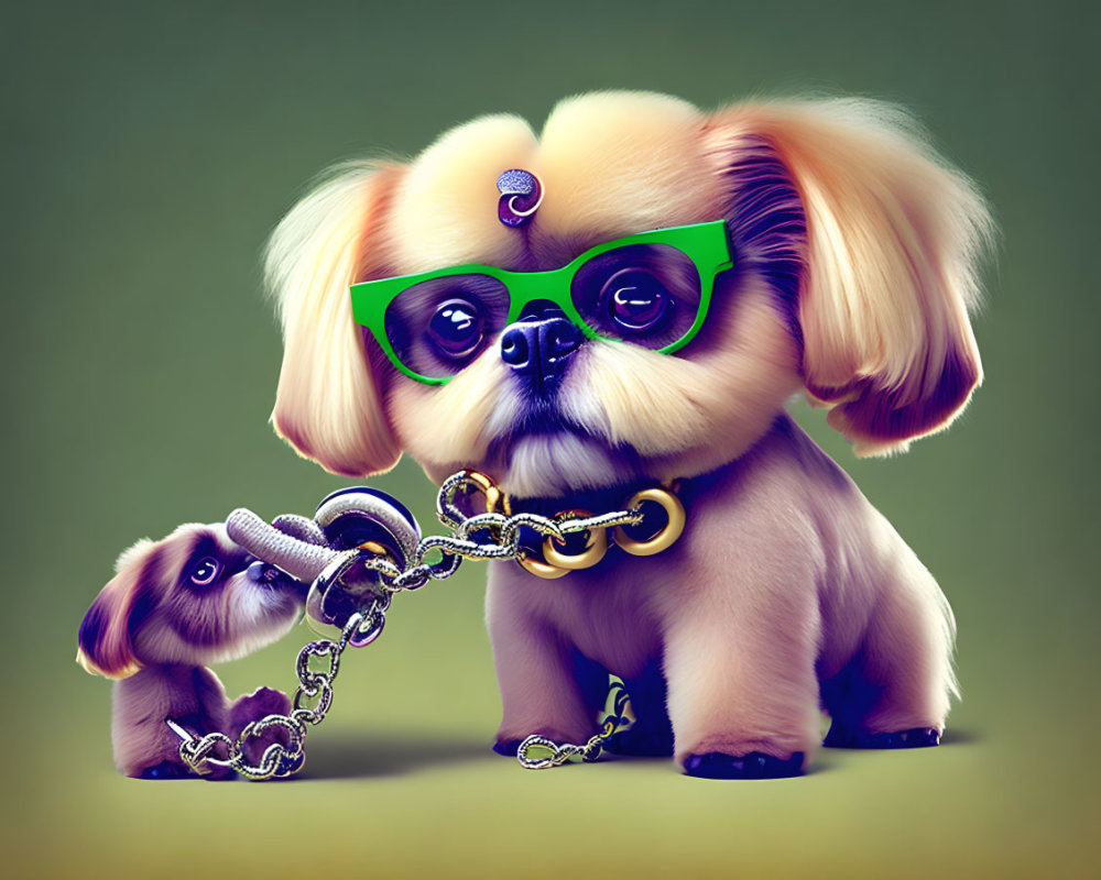 Stylized cartoon image of two dogs with green sunglasses and leash.