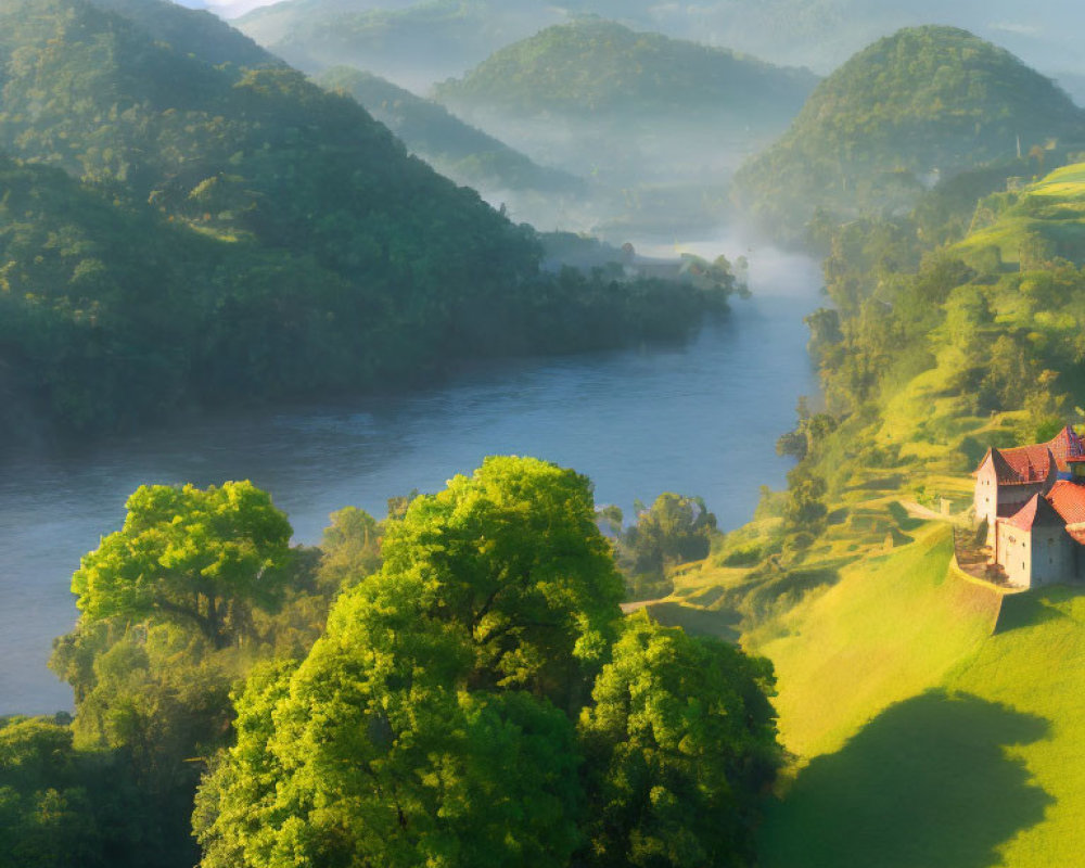 Misty river winding through green hills with red-roofed house by water