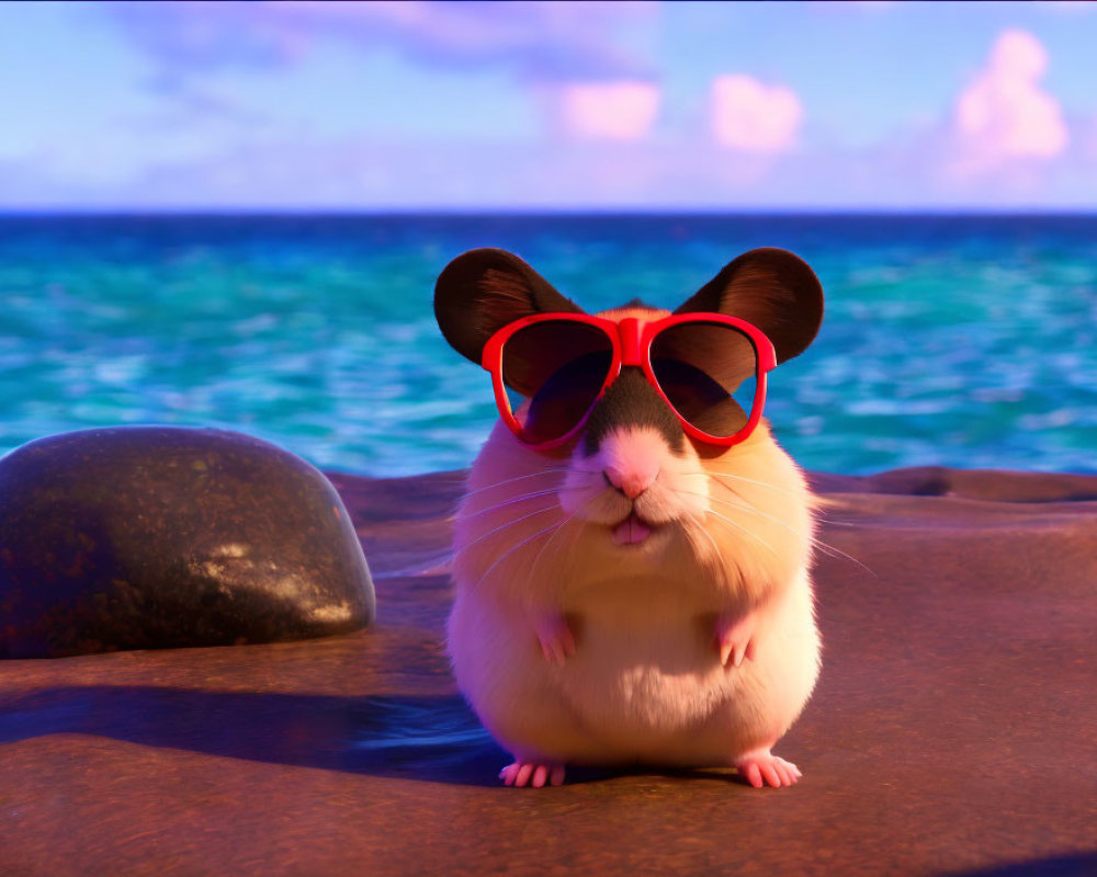Animated guinea pig with red sunglasses by crystal blue sea