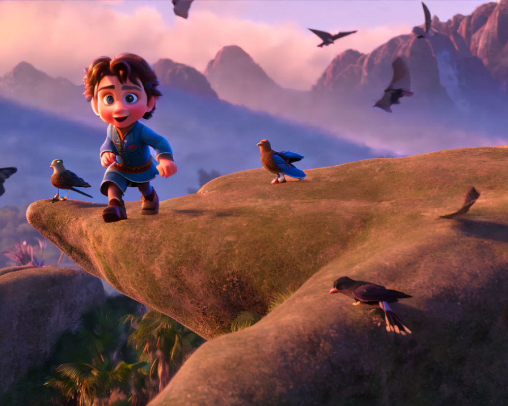 Scout boy in uniform on cliff at sunset with birds and mountains