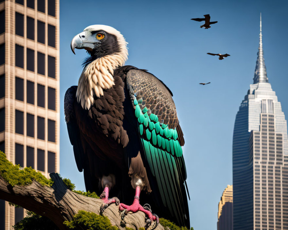 Majestic eagle perched on branch with blue sky and skyscraper backdrop