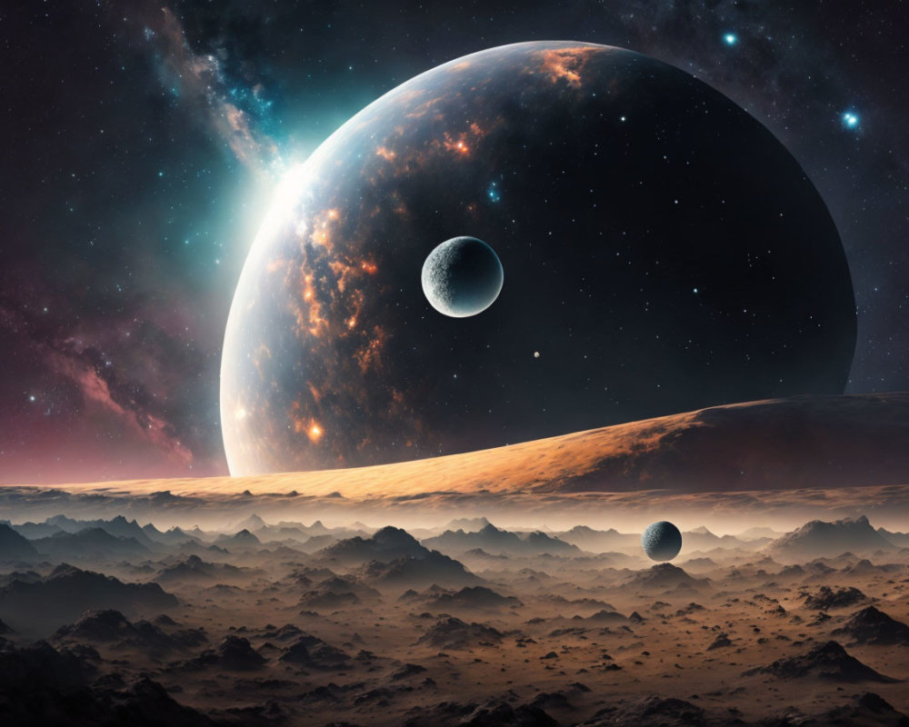 Rocky Alien Landscape with Mountains, Planet, and Moons