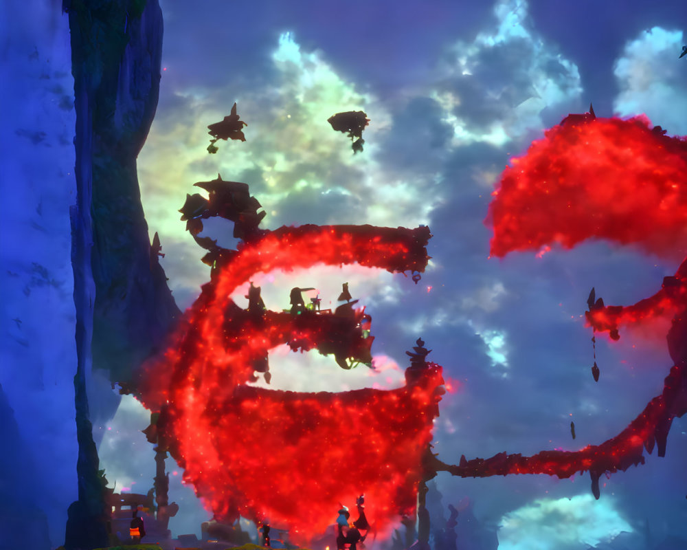 Fantastical scene with swirling red energy rings in mystical blue environment