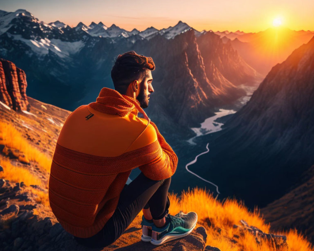 Person in orange jacket admires sunset over mountain valley