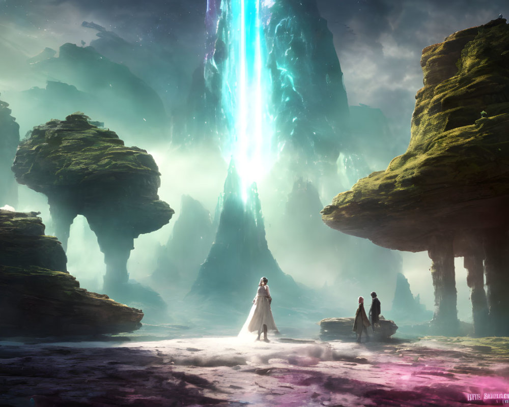 Majestic rock formations and mystical figures in a foggy landscape