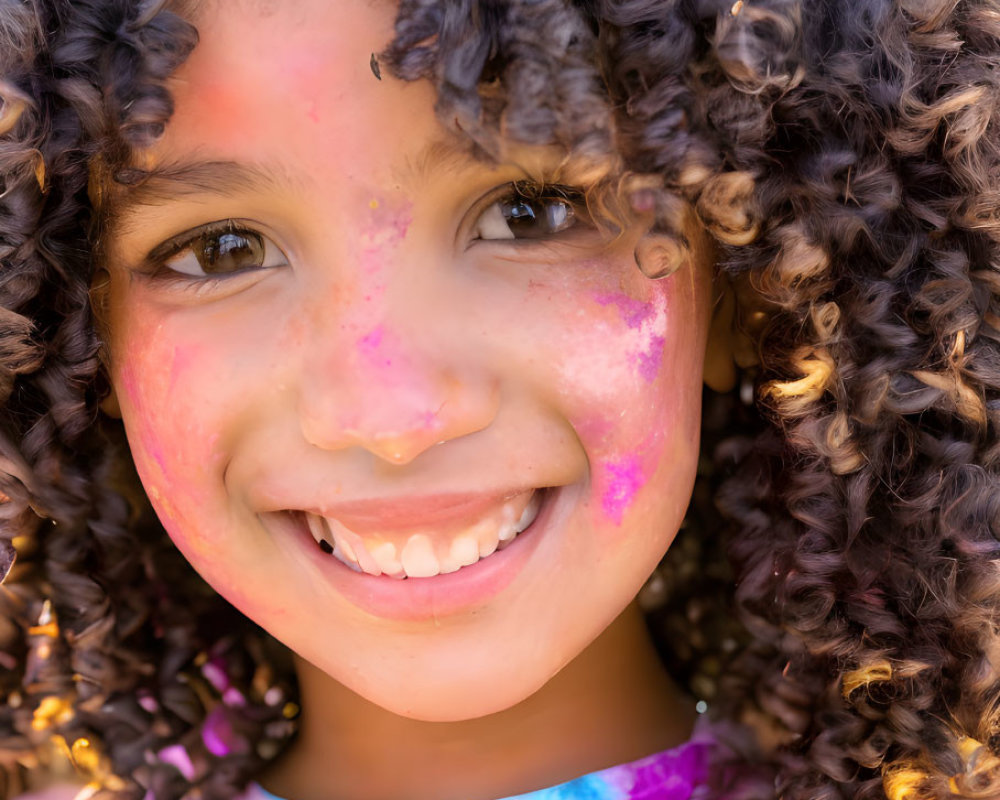 Young girl with curly hair and colorful powder smiling at Holi festival