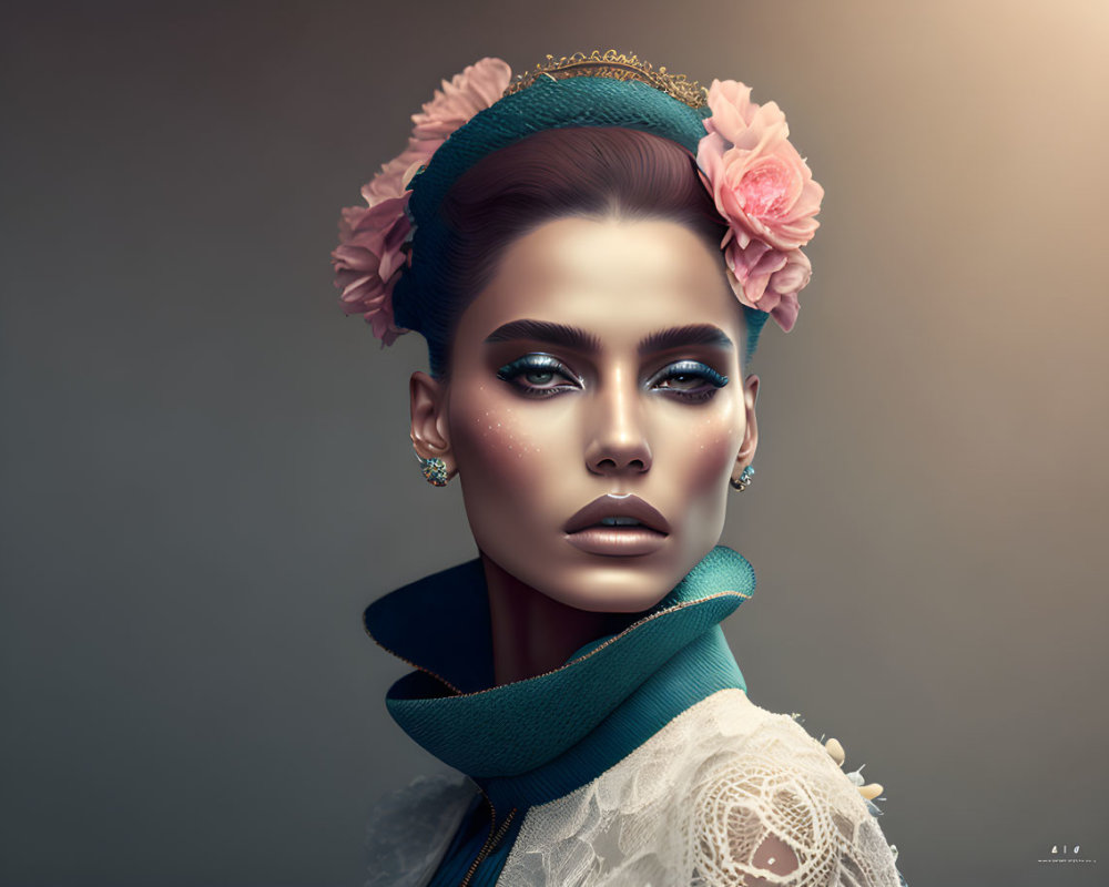 Digital portrait of woman with green headpiece and pink flowers, wearing high-collared lace outfit