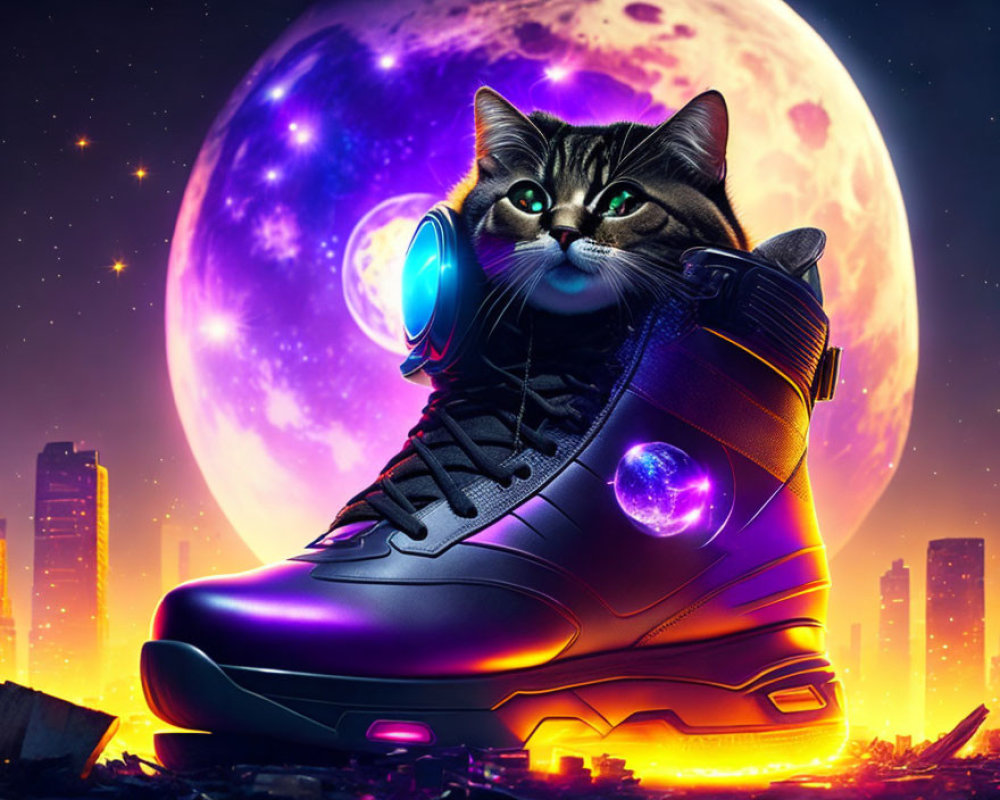 Tabby cat in sneaker against fantasy cityscape with purple moon
