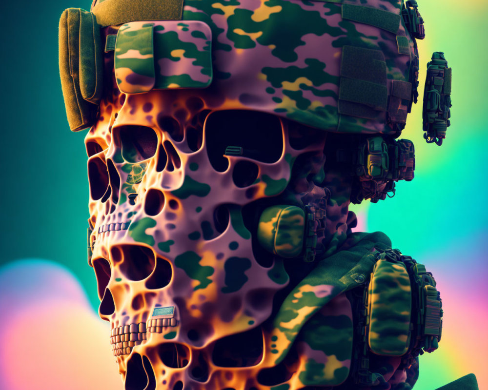 Soldier with skull-like face in camouflage gear on vibrant background