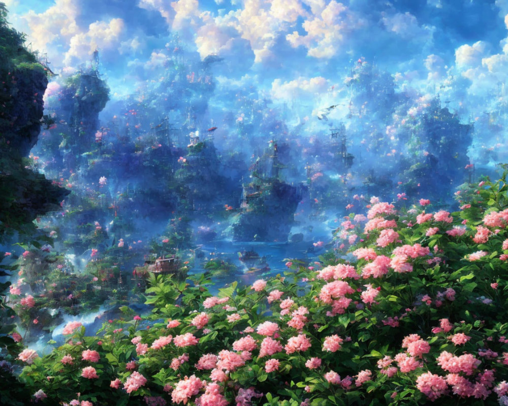 Serene landscape with lush greenery, pink flowers, and castle-like structures