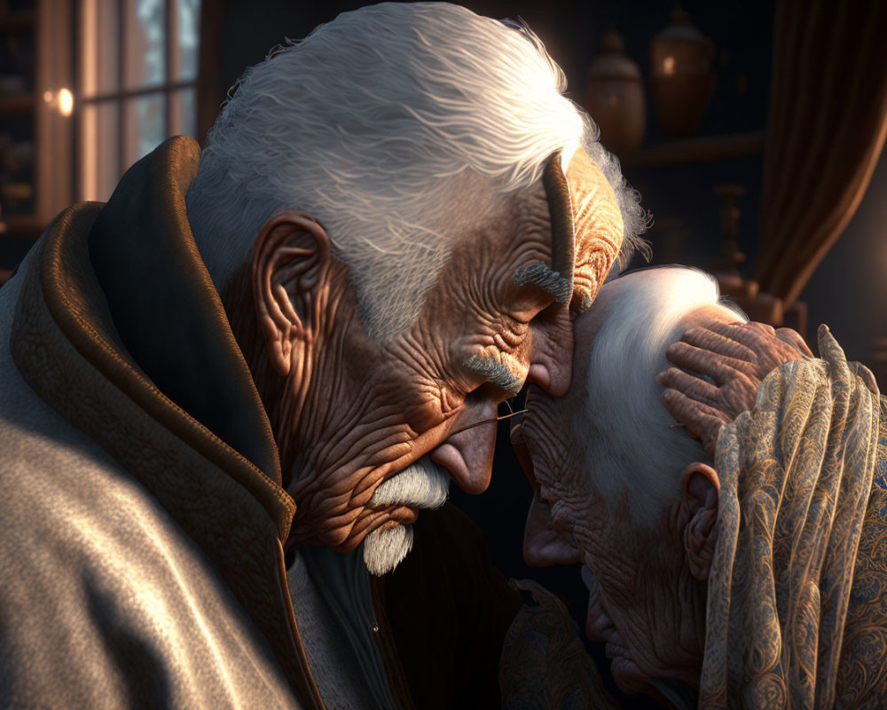 Elderly couple sharing a tender moment in warm lighting