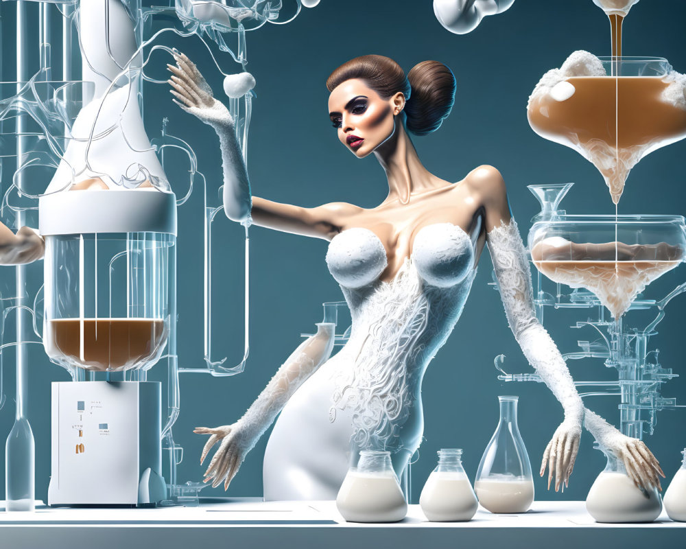 Futuristic woman blending with lab setup in surreal sci-fi art
